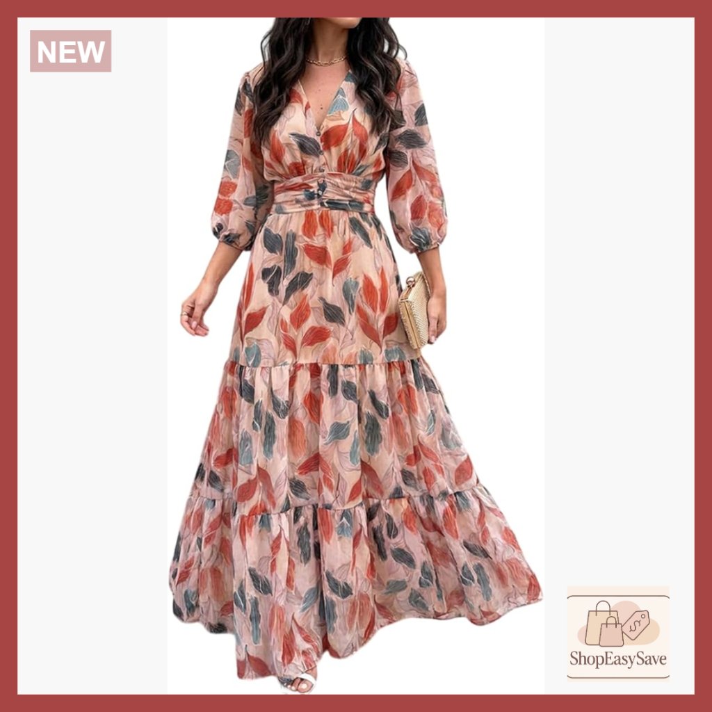 Boho Maxi Dress V Neck Puff Sleeve Flowy Wedding Guest Vacation Beach